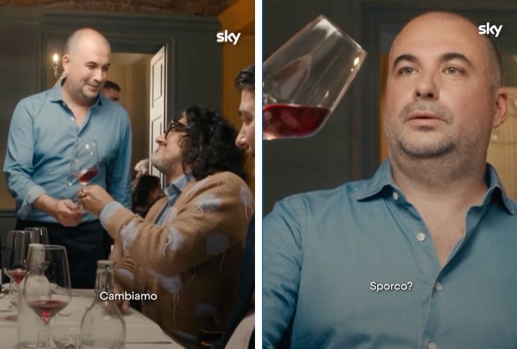 collage tavolo 4 ristoranti con borghese e uomo con bicchiere in mano