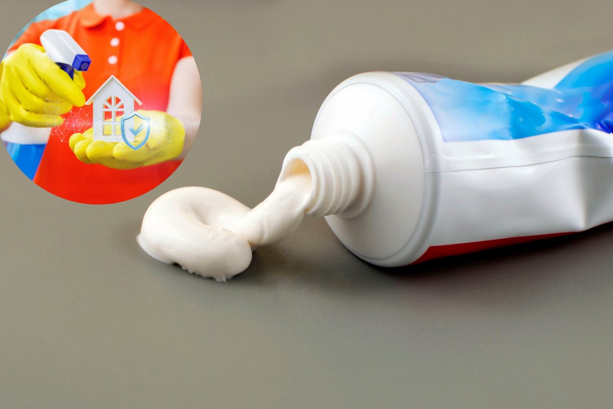 dentifricio e persona con detersivo e una forma di casa