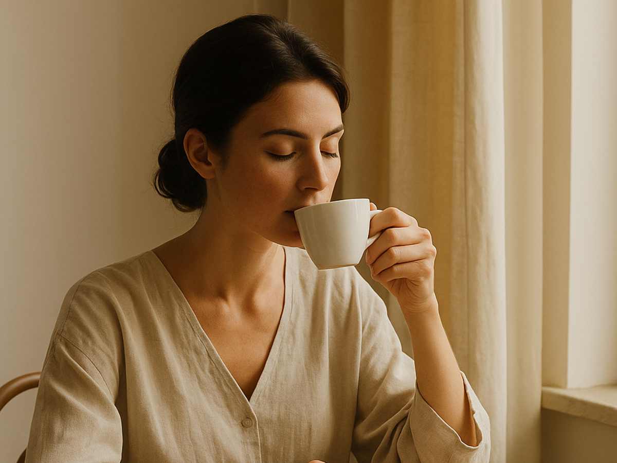 Donna che sorseggia un te, immagine generata con IA