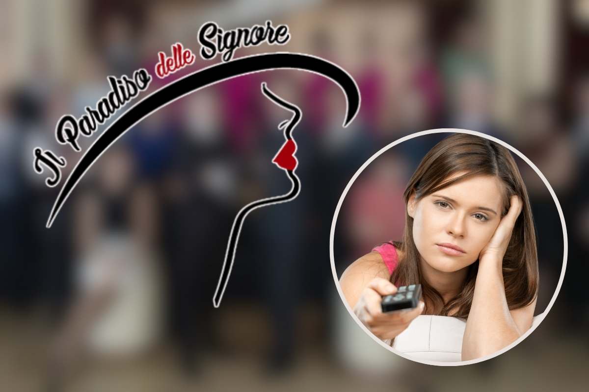 logo il paradiso delle signore e ragazza con telecomando in mano nel riquadro