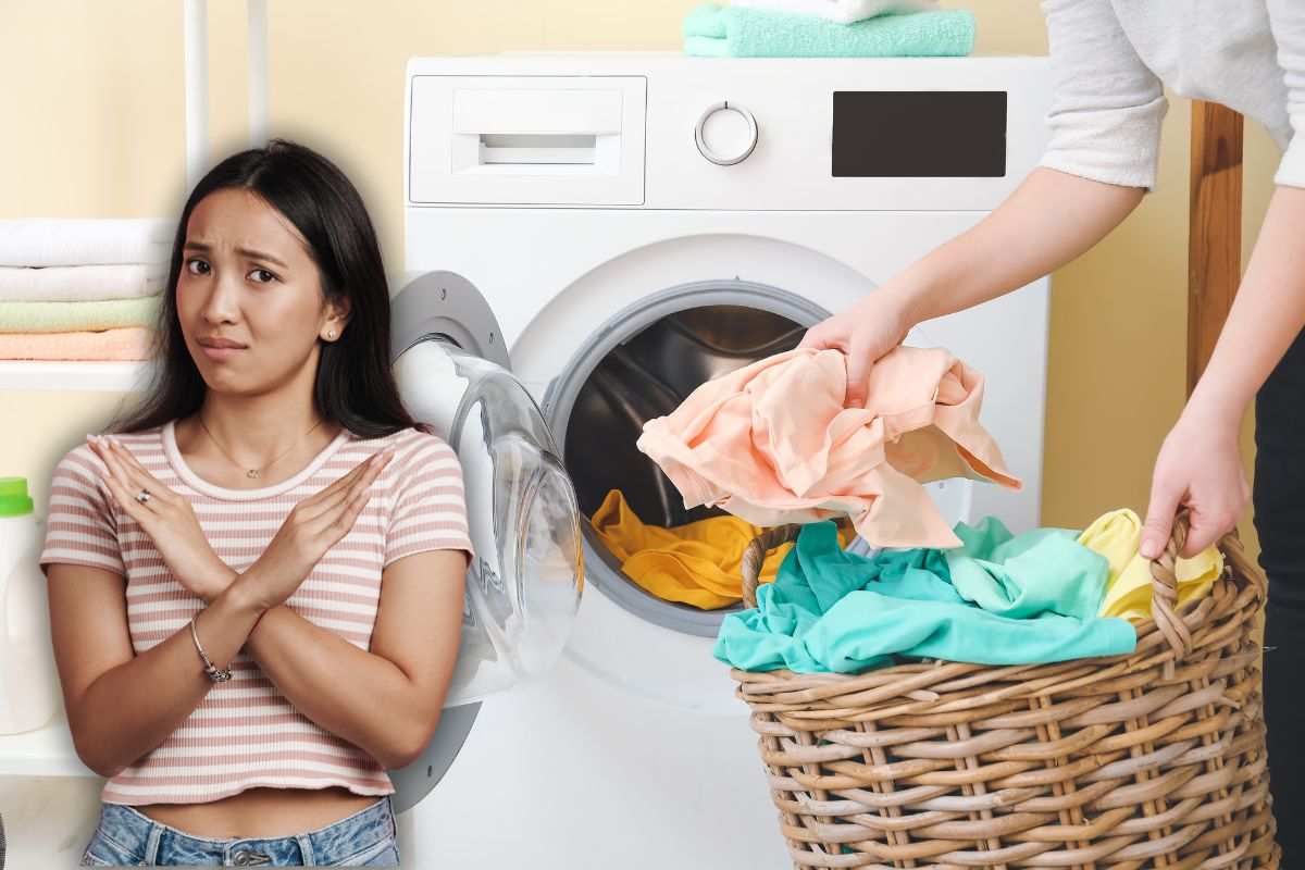 donna mette bucato in lavatrice e un'altra che fa stop con le mani