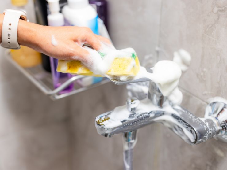 donna che pulisce rubinetto